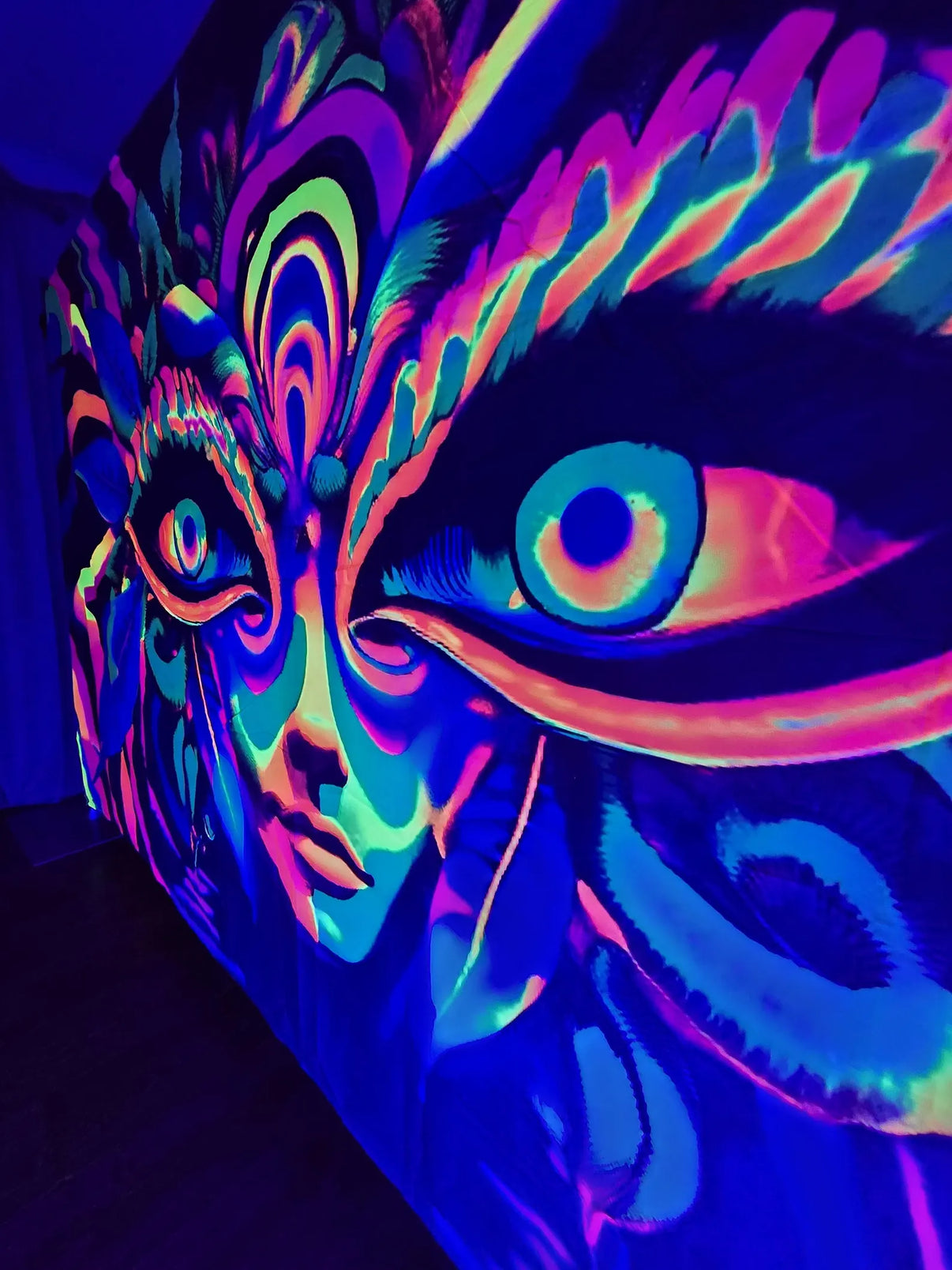 UV holographic eye giant tapestry featuring vibrant, colorful eye design, ideal for UV decorative lighting and event decor.