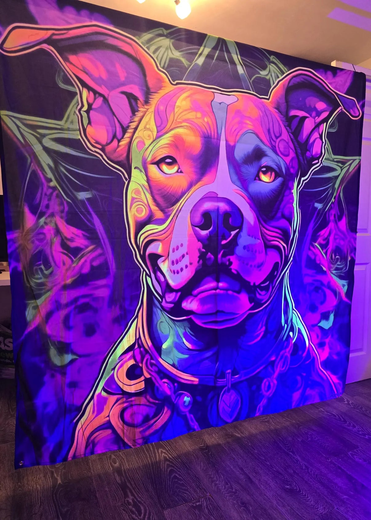 UV Pit Bull Memorial Tapestry by Lay-z-days Event's; vibrant UV-reactive decoration with pit bull design on fabric.