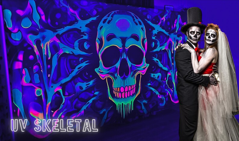 UV-reactive Halloween skeletal tapestry by Lay-z-days Event's, featuring spooky skeletal design for UV decorations.