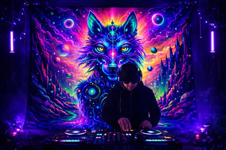 UV cosmic wolf rave tapestry by Lay-z-days Event's™ featuring neon blacklight wall hanging for party decor.