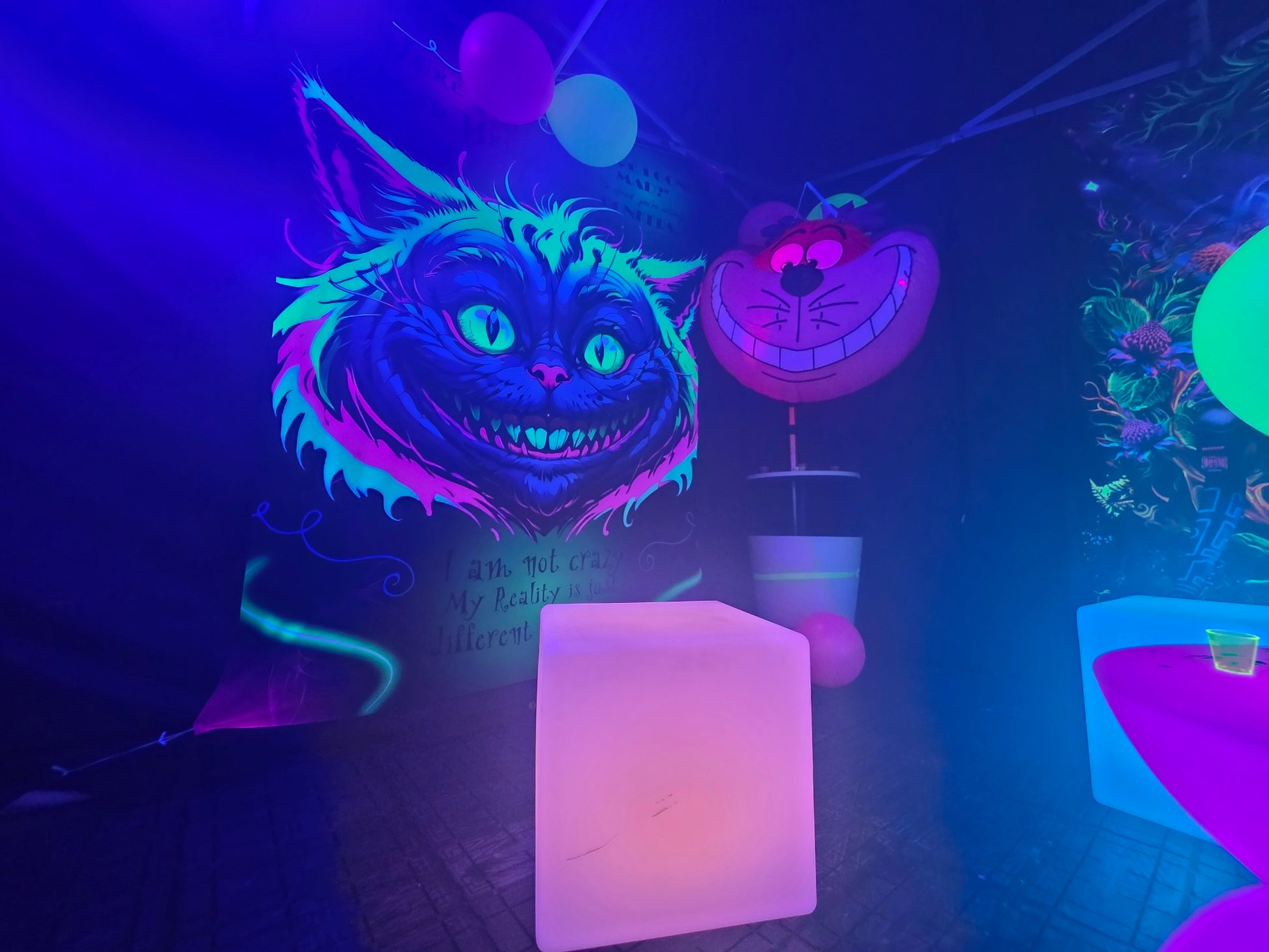 Neon-lit room with glowing art and furniture, featuring a prominent Cheshire Cat design.
