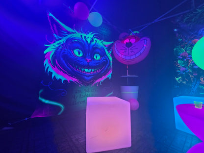 Neon-lit room with glowing art and furniture, featuring a prominent Cheshire Cat design.