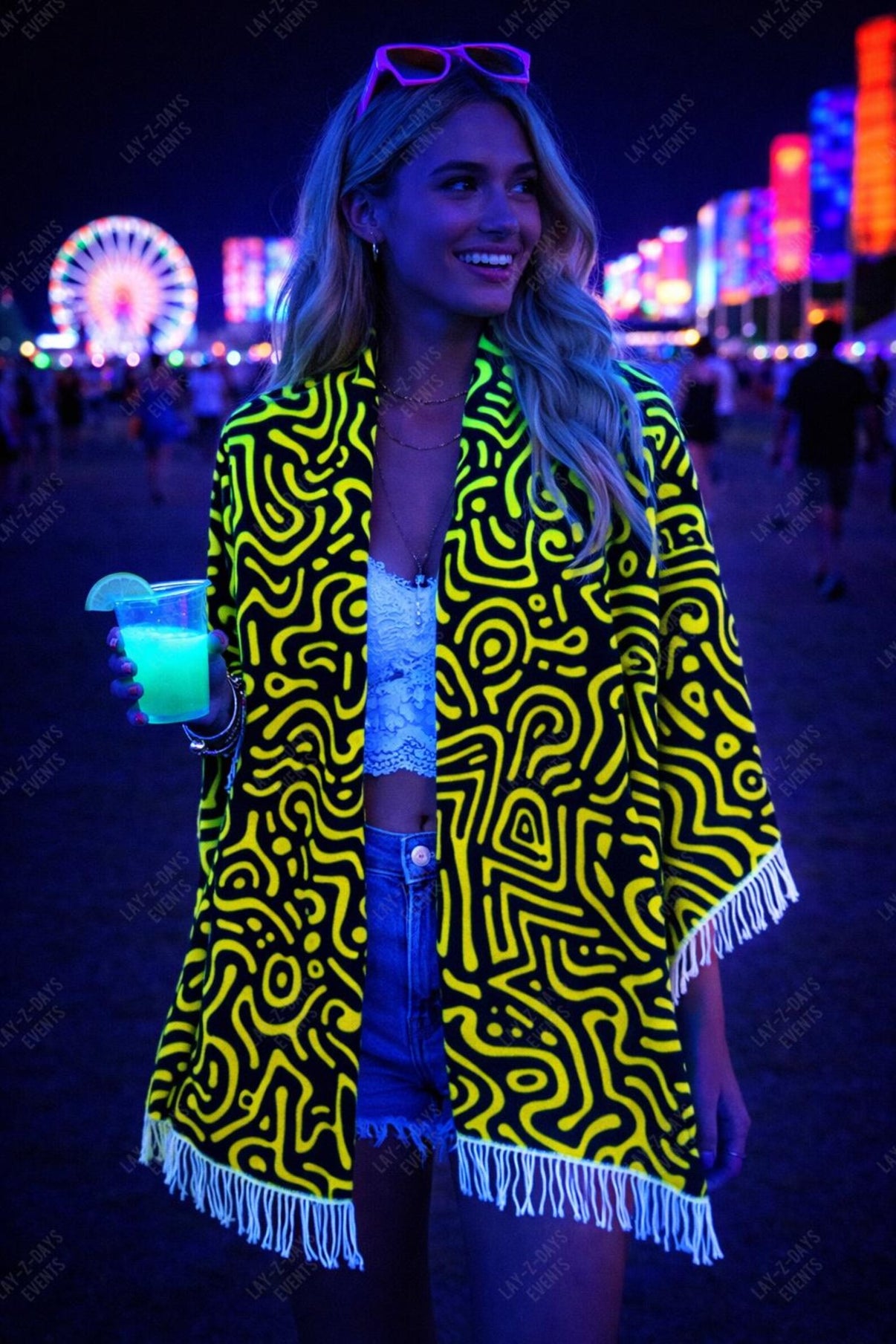 Uv reactive yellow doodle festival pashmina by Lay-z-days Event's™ with vibrant neon UV-reactive designs on soft fabric.