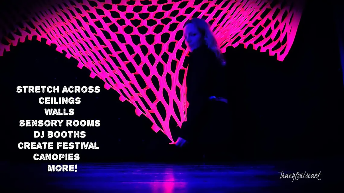 UV pink camo netting by Lay-z-days Event's™, vibrant neon blacklight festival decor with pink camouflage pattern.