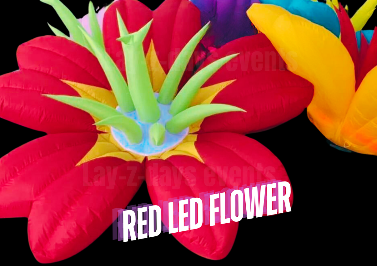 Red LED inflatable flower decoration by Lay-z-days Event's™, illuminated with bright LED lights, suitable for event decor.