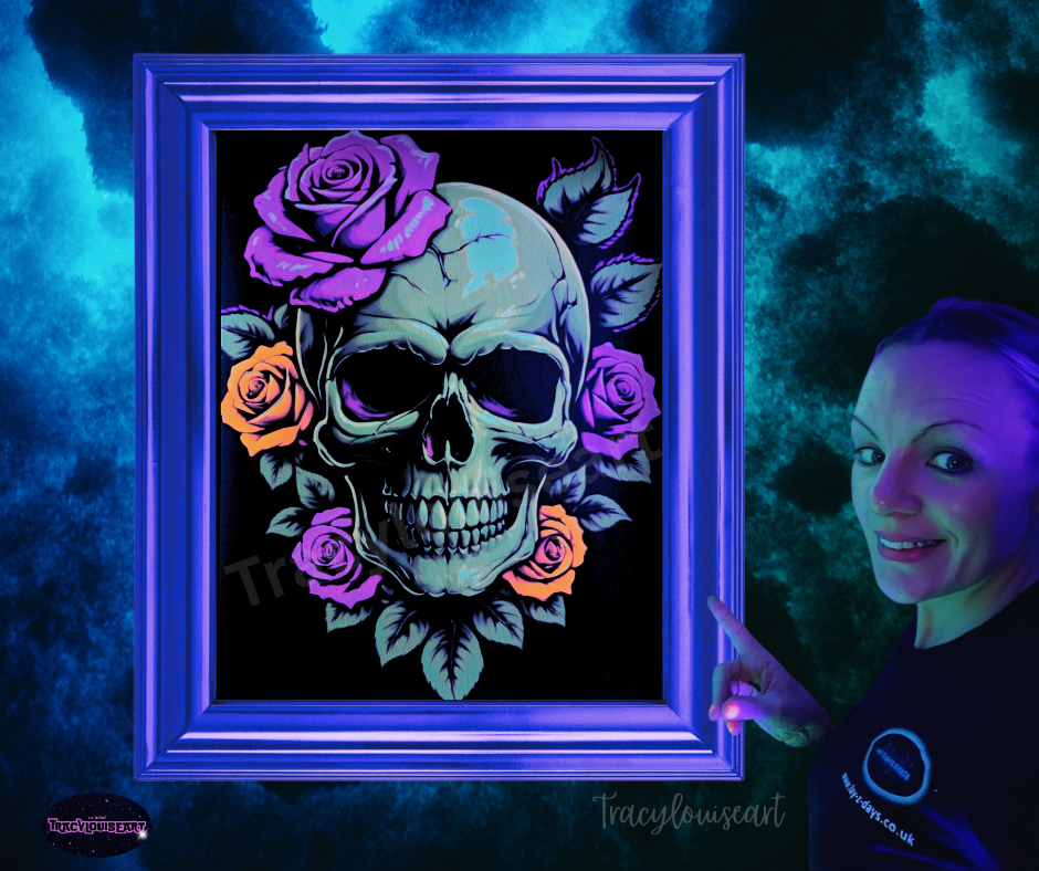 UV reactive skull and roses poster by Lay-z-days Event's, glow-in-the-dark print on A4 or A3 wall art.