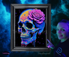 Uv Reactive Calavera dripping Skull & Flowers print, A4, A3,wall art, poster.