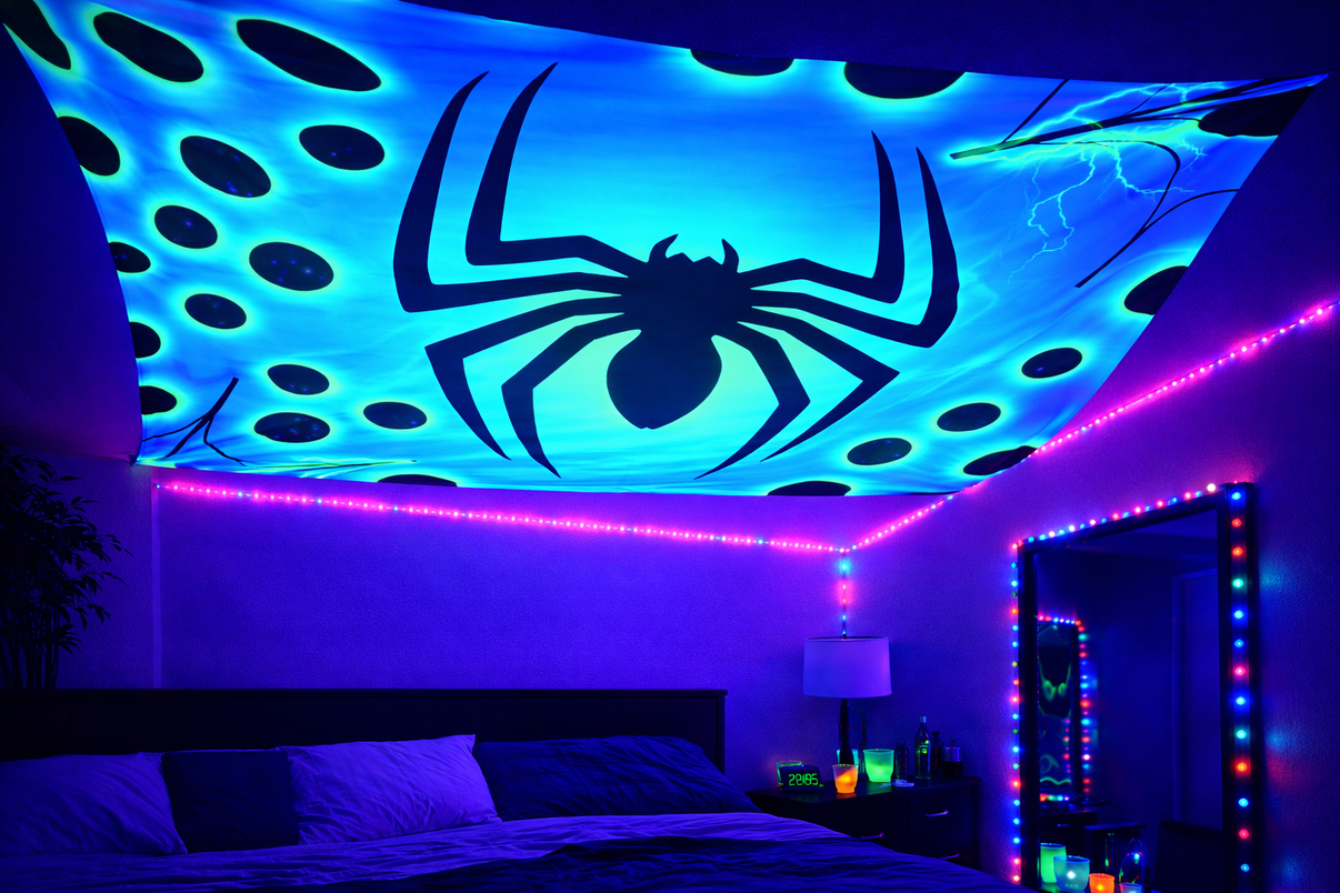 spider neon wonderland event tapestry decoration webbing