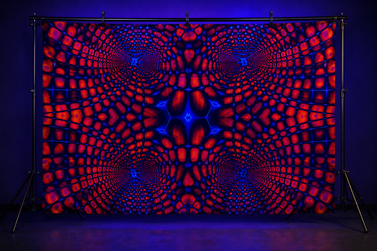 Uv orange Matrix Neon blacklight tapestry by Lay-z-days Event's, featuring vibrant geometric patterns for wall decoration.