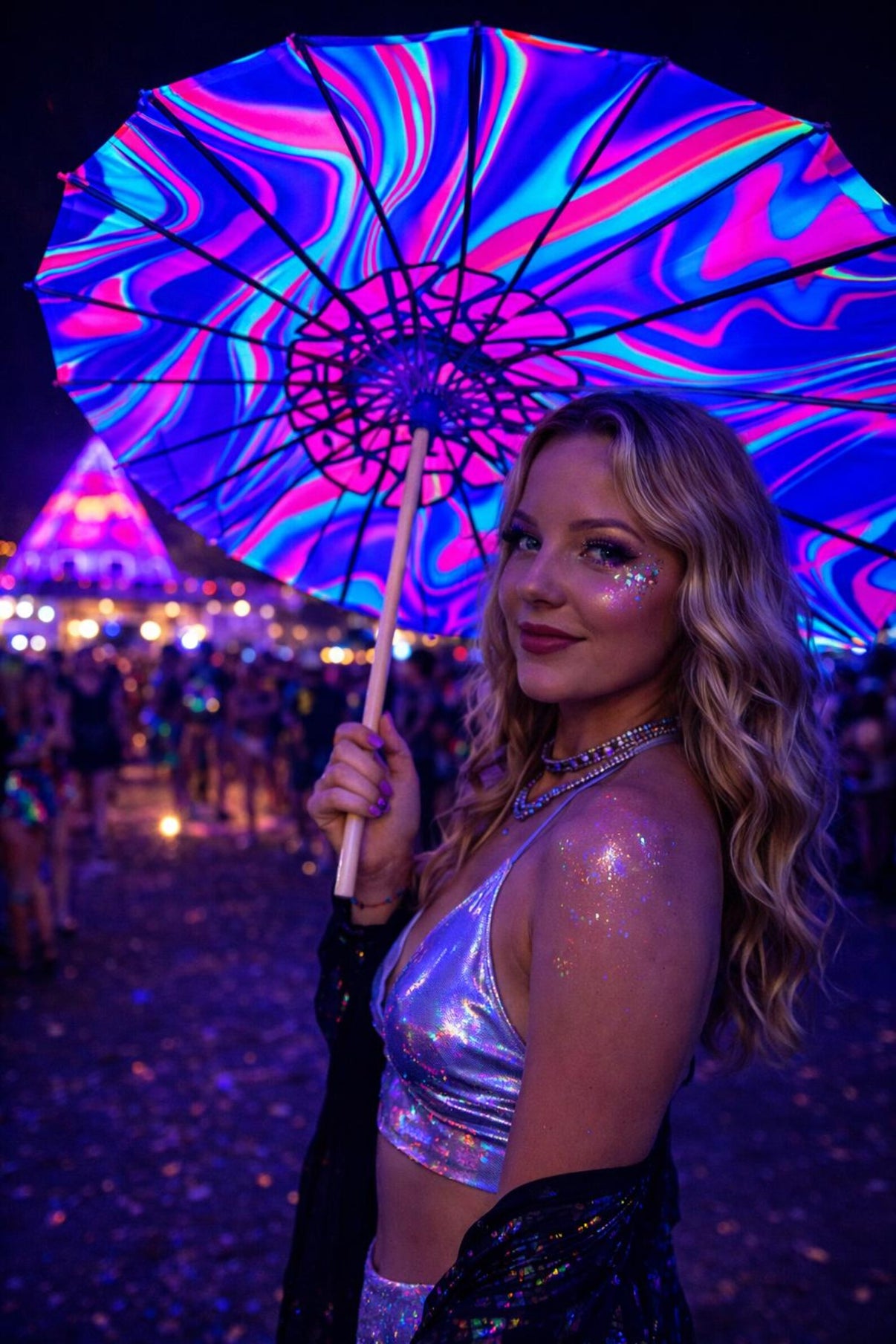 UV reactive festival rave blacklight parasol with swirling sun design by Lay-z-days Event's™, glowing under blacklight for vibrant effects.