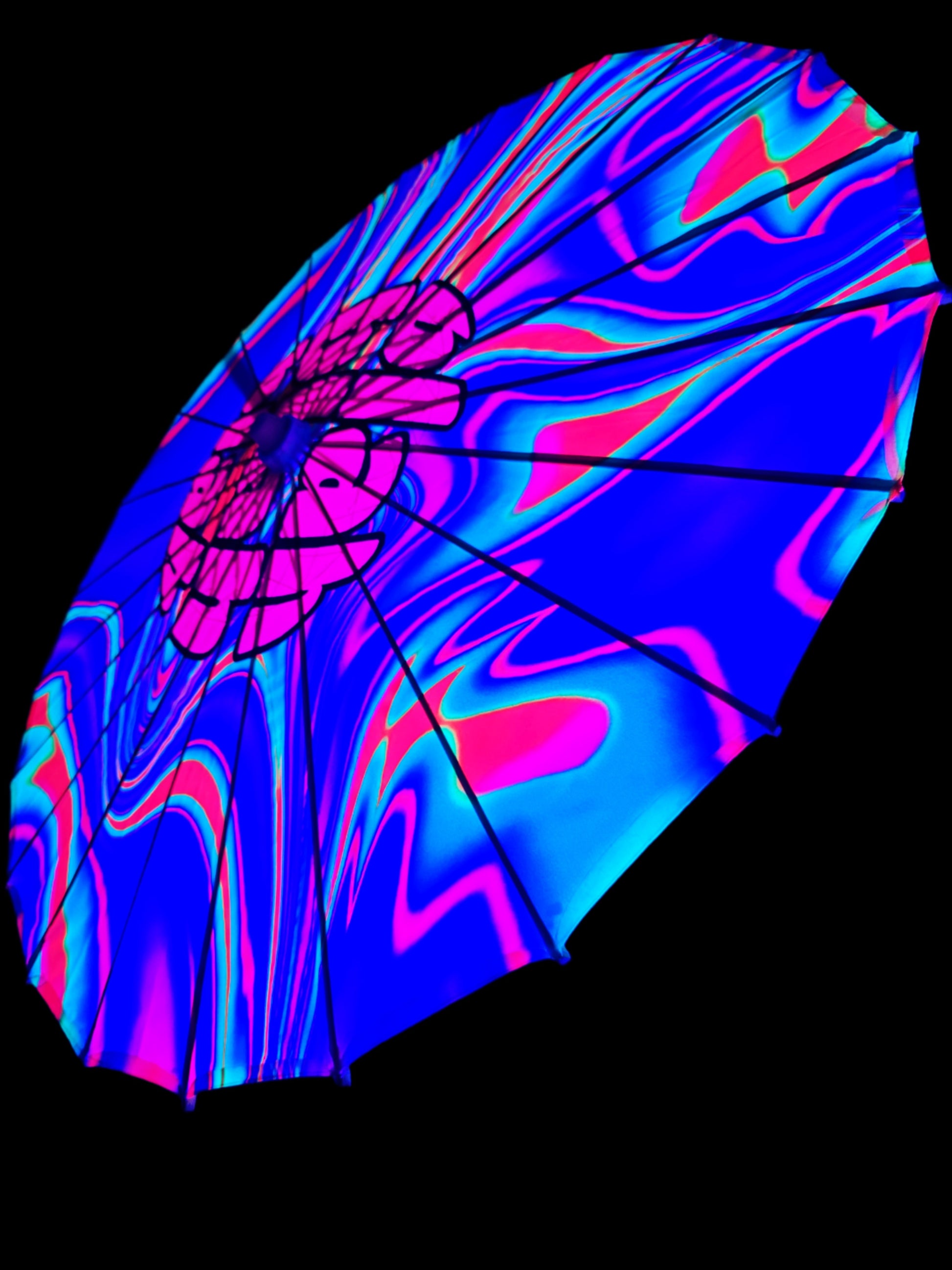 Colorful  sun parasol umbrella with a vibrant, abstract design on a black background