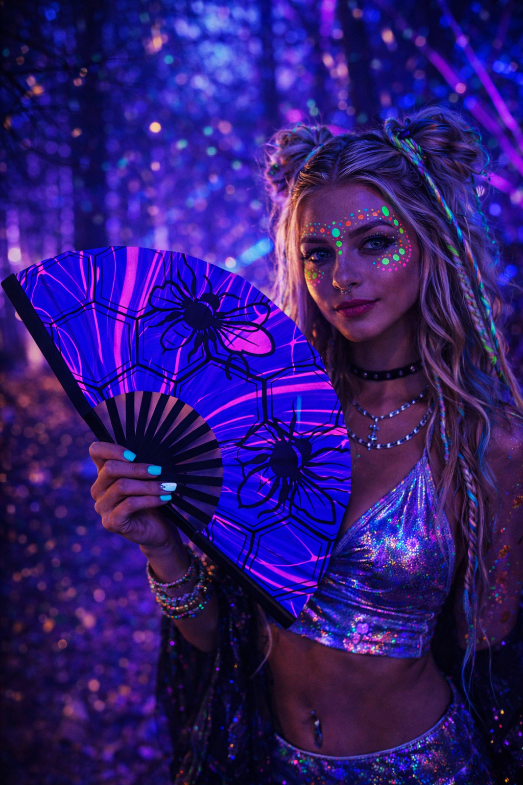 UV bamboo snap hand fan by Lay-z-days Event's™ featuring vibrant colors, perfect for festivals and rave events.