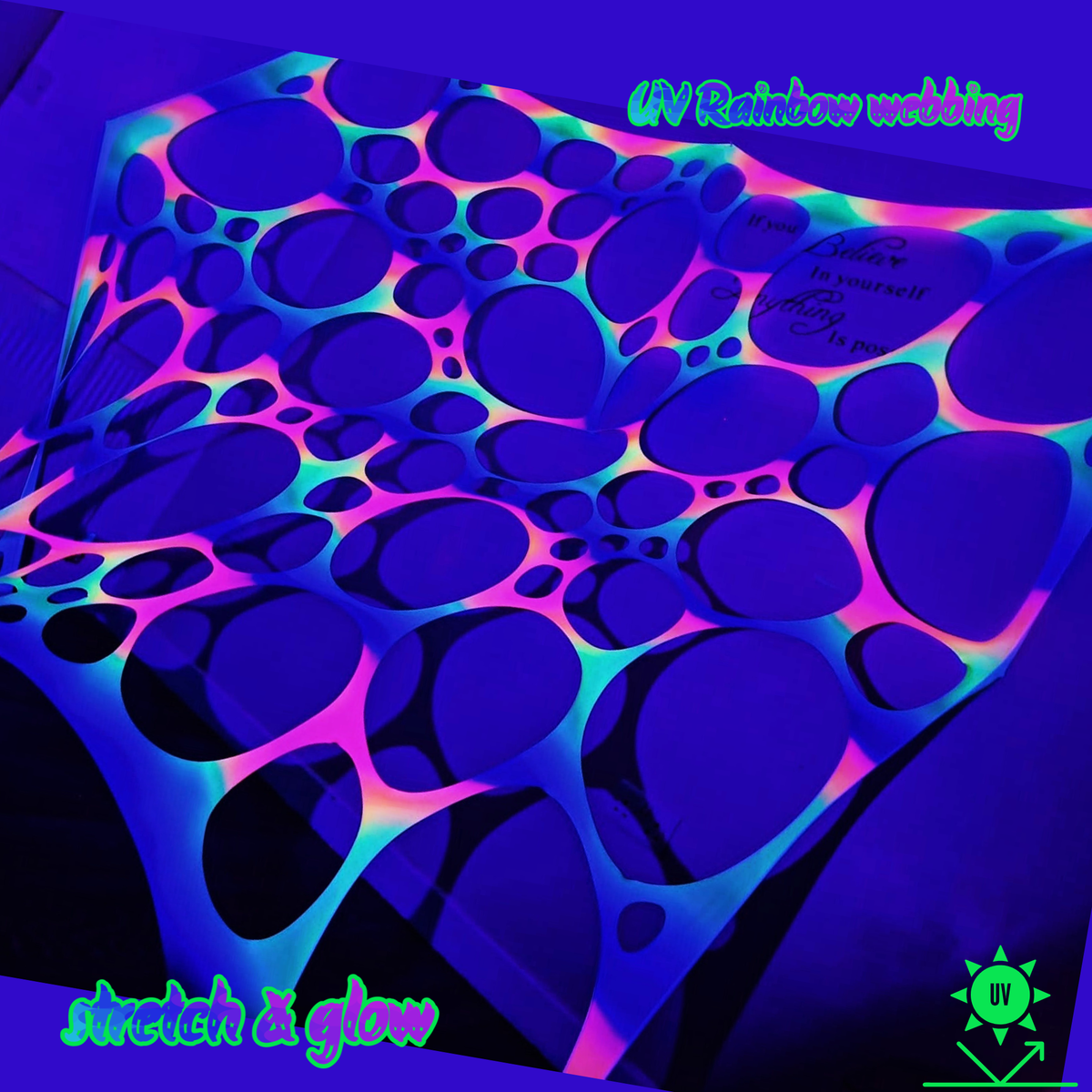 Set of three UV neon webbing decorations for rave parties, featuring vibrant glow-in-the-dark designs by Lay-z-days Event's™.
