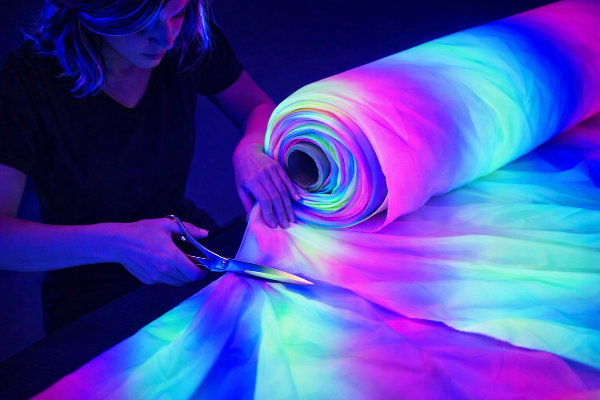 UV Rainbow neon print fabric by Lay-z-days Event's™, stretch blacklight fabric with vibrant rainbow neon design for glow effects.