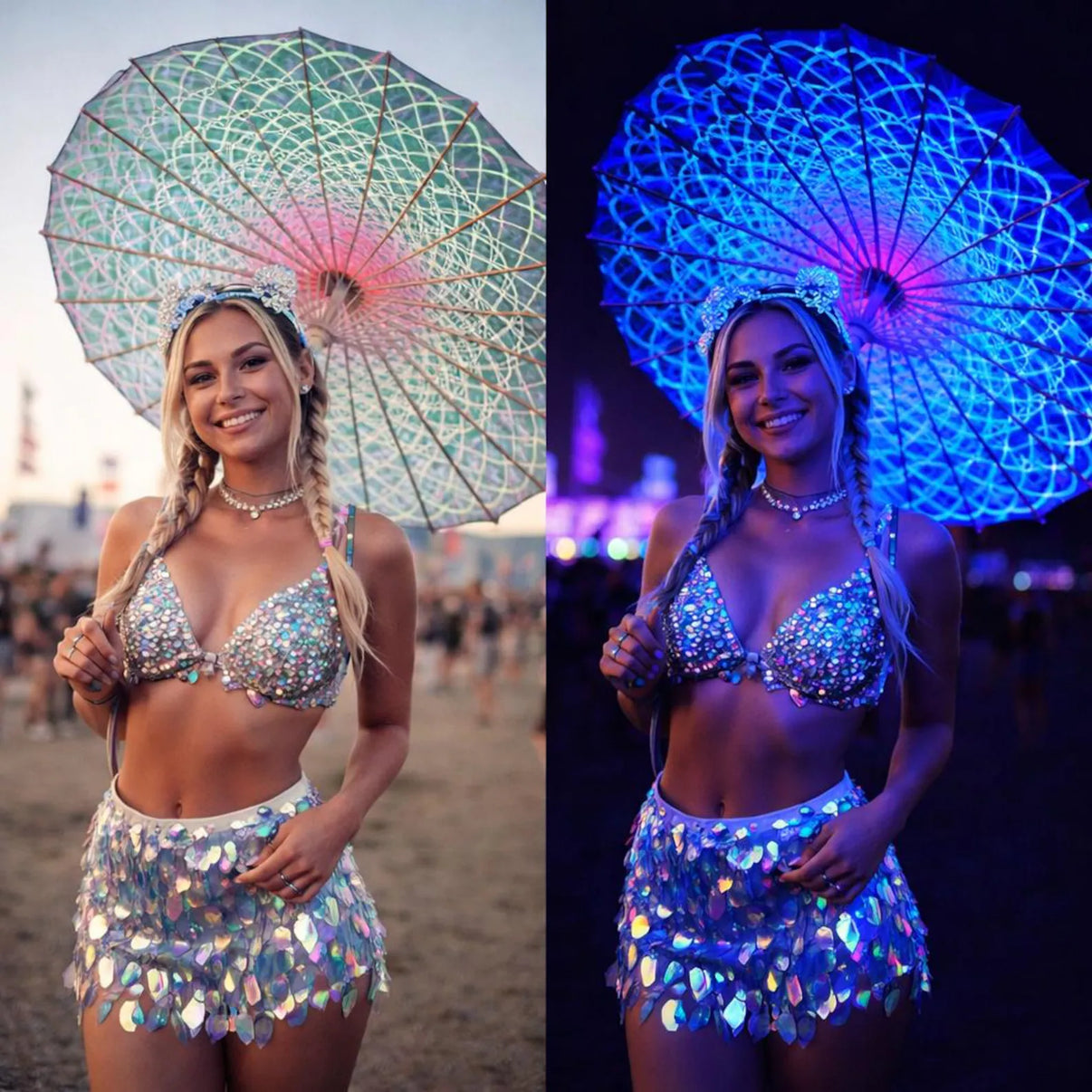 UV reactive festival rave blacklight parasol with spiral design by Lay-z-days Event's™, featuring glowing blacklight effects for outdoor events.
