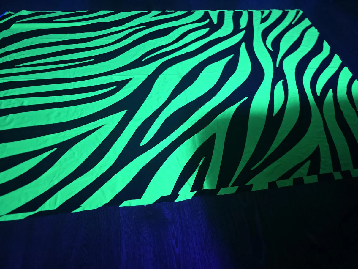 UV blacklight zebra print fabric by Lay-z-days Event's™, 1.5 meters of vibrant neon green zebra pattern material.