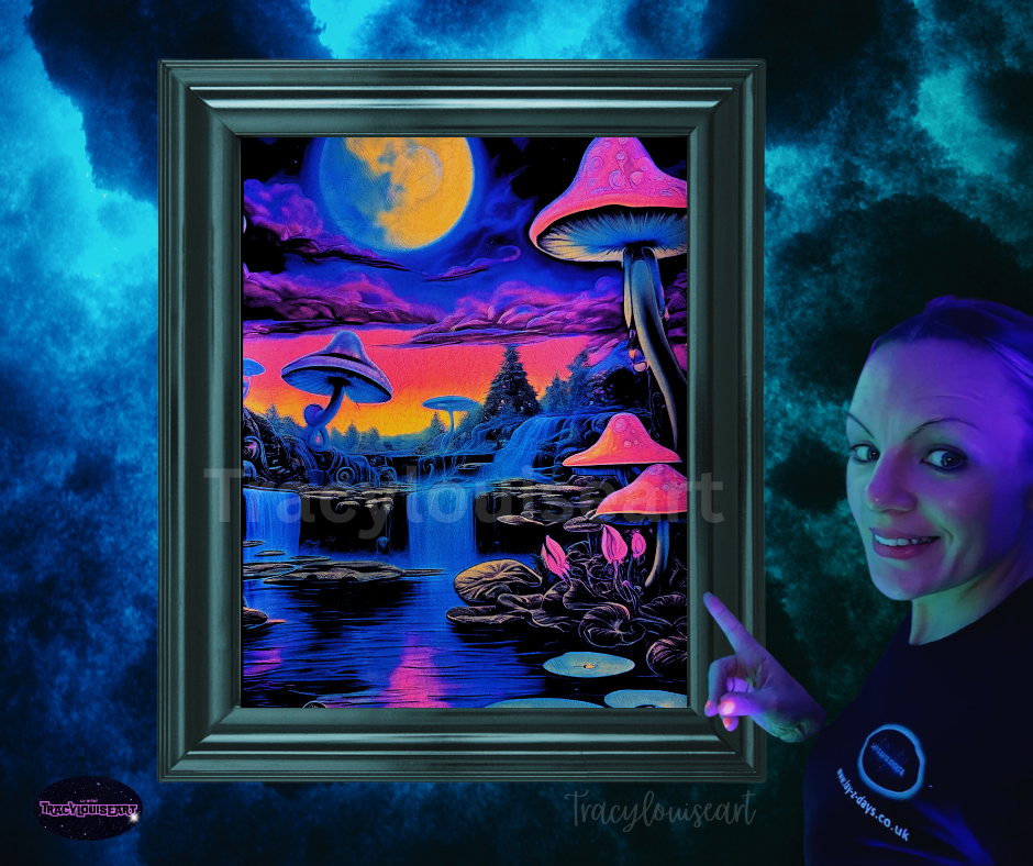 🌌 UV Blacklight Fantasy Forest Art Print | Glow-in-the-Dark Enchantment by Tracy Louise Art | A3 & A4 Sizes Available 🌙