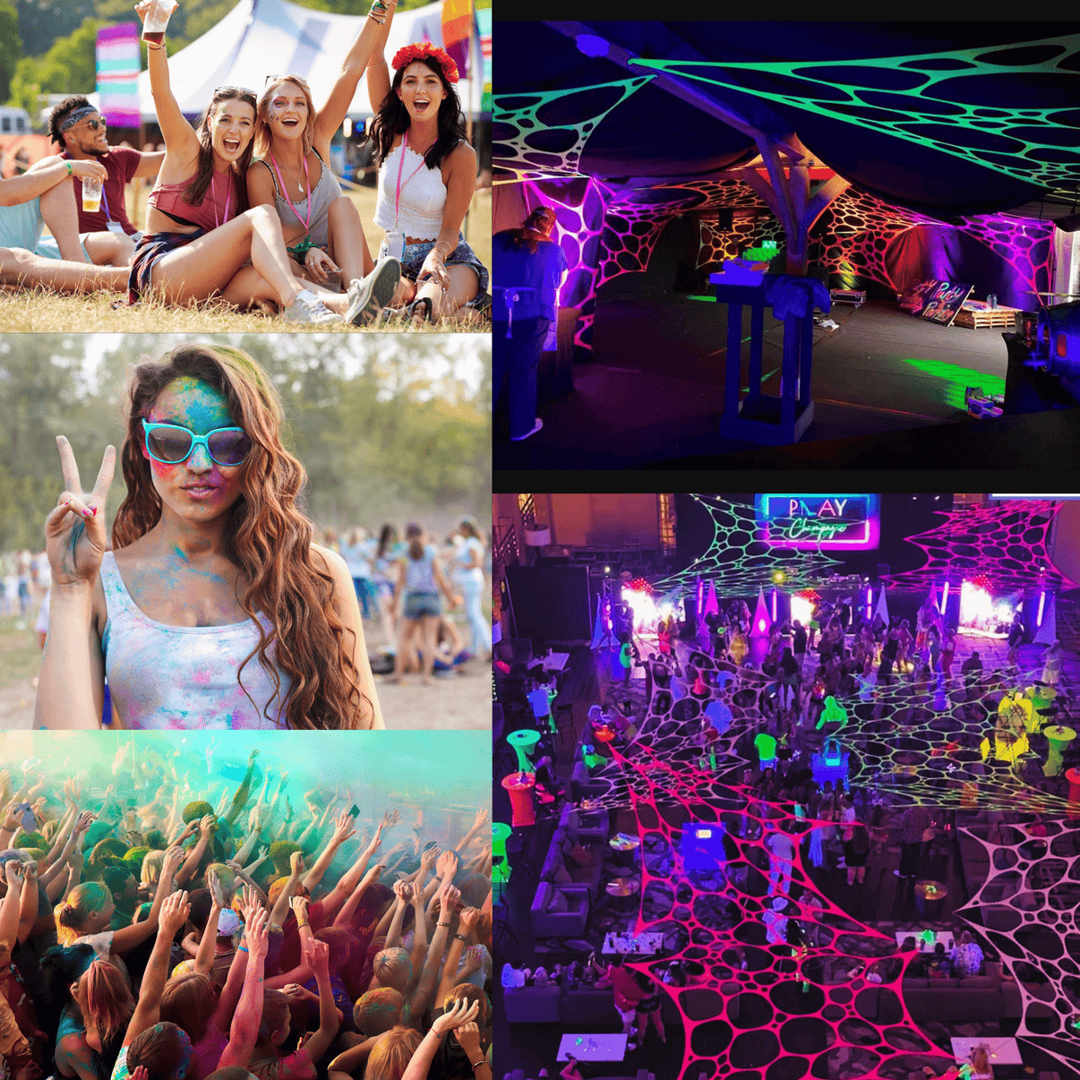 Six-pack UV reactive festival webbing by Lay-z-days Event's for neon party decor and psytrance festival decorations.