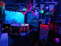 5-7 person hottub hire in a tent with cinema screen hire hottub cinema